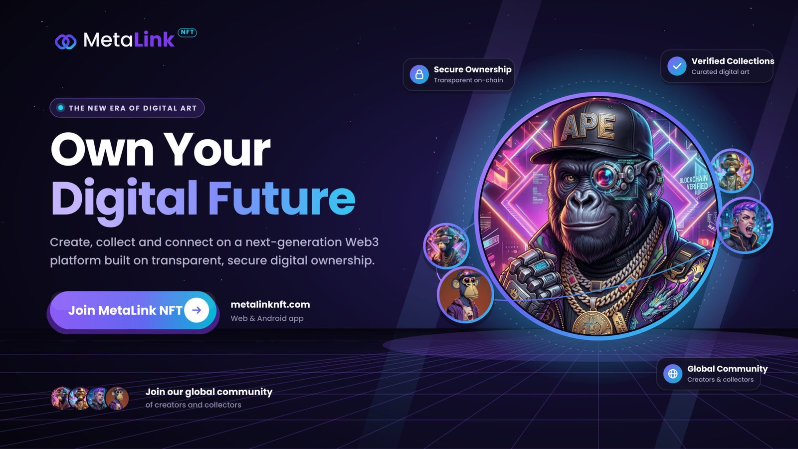 Own your digital future: create, collect and connect on MetaLink NFT. Secure ownership, verified collections, global community.